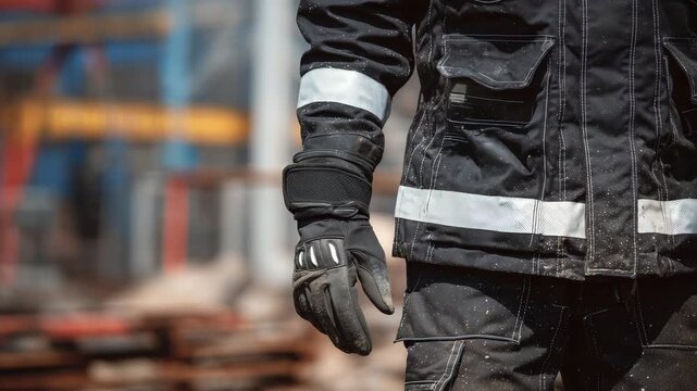 296Macro view of fire-resistant gloves, suit, and SCBA, close-up on stitching, buckles, and textured surfaces, industrial equipment softly blurred for context