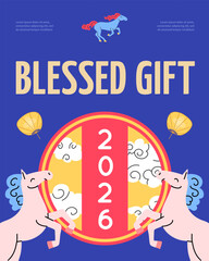 Blessed Gift and Happy Chinese New Year of Horse Concept Vertical Invitation Placard Poster Banner Card Template. Vector illustration