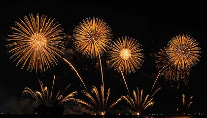 Vibrant orange fireworks exploding in night sky with bright lights and smoke trails visible high quality professional detailed modern