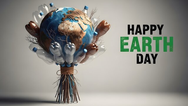 A creative Earth Day illustration featuring a globe with a bundle of sticks and flowers on a gray background with Happy Earth Day text.