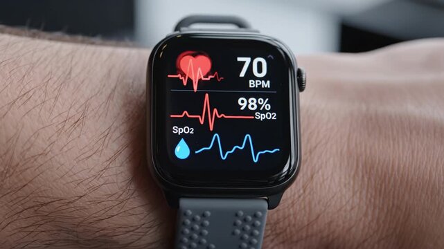 Smartwatch heart rate 70 BPM and 72 bpm and 75 BPM with blood oxygen 98% SpO2 displayed on wearable health monitor wristband wrist ECG waveform fitness health wearable wristband monitoring device