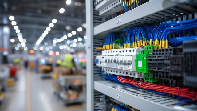 307Close-up of industrial control cabinet components, color-coded wiring bundled neatly, switch toggles and connectors sharply detailed, soft reflections on metallic surfaces