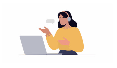 Cheerful woman using laptop for communication flat vector illustration