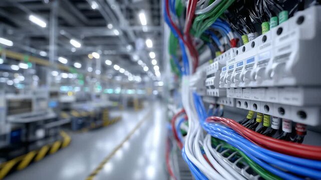313Detailed perspective of industrial control wiring, color-coded cables and metal terminals intricately arranged, soft reflections and shadows creating depth and realism