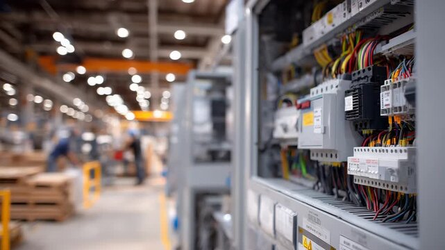314Macro view of industrial cabinet wiring, detailed inspection of switches, fuses, and terminals, metallic surfaces subtly reflecting soft light, colorful insulated cables highlighte