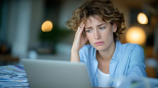 317Close-up of a stressed woman at her desk, laptop open with spreadsheets on screen, bills and receipts stacked beside her, soft natural light highlighting tension on her face