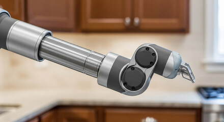 Smart home cabinet arm with metallic piston for smooth extension and retraction in kitchen setting