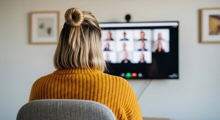 Woman in cozy home office participating in virtual meeting on TV screen