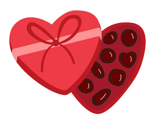 Heart shaped box with chocolates flat vector illustration