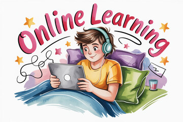 Young boy engaged in online learning with tablet and headphones