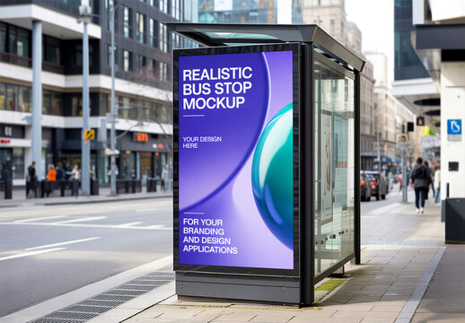 Realistic Vertical Citylight Mockup in Urban Bus Stop