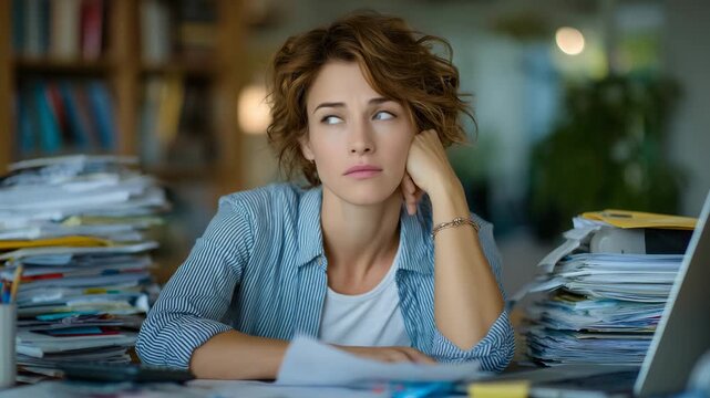 324Cinematic side view of woman at home office desk, anxiety visible on her face, hands sifting through receipts, laptop and stacks of bills creating a chaotic yet relatable scene