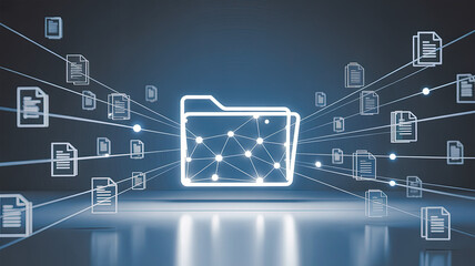 Data Connectivity: An ethereal scene of interconnected digital documents and a glowing folder symbolizing information flow, data storage, and digital transformation.