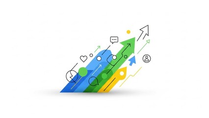 A dynamic abstract illustration symbolizing growth, progress, and upward business momentum. The layered arrows and flowing shapes represent success, development, and strategic advancement in a modern 