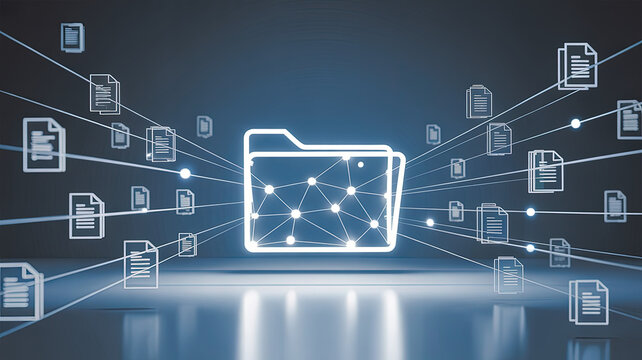 Data Connectivity: An ethereal scene of interconnected digital documents and a glowing folder symbolizing information flow, data storage, and digital transformation.