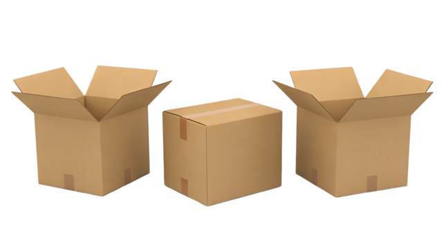 Three brown cardboard boxes isolated on transparent background - Powered by Adobe