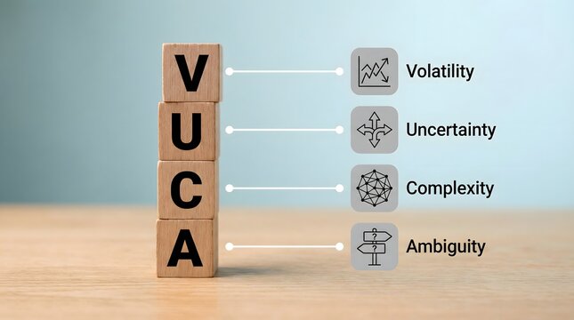 VUCA concept with wooden blocks and icons