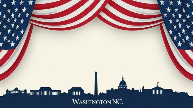 American flag curtains with washington dc skyline silhouette graphic design