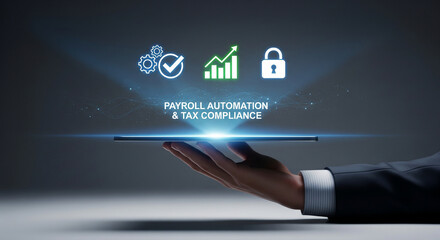 Digital interface displays payroll automation and tax compliance icons over a businessman's outstretched hand.