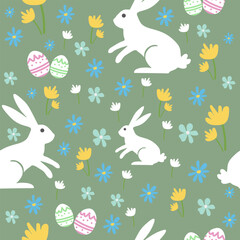 Modern Easter bunny pattern on sage green background, botanical spring rabbit illustration