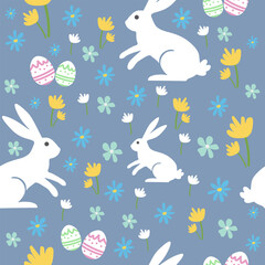 Spring Easter rabbit seamless pattern on blue background, white bunnies and colorful eggs