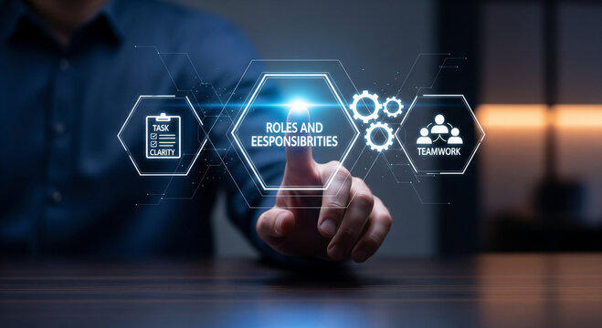 Corporate roles and responsibilities concept, businessman touching digital interface with teamwork and task icons, professional management strategy