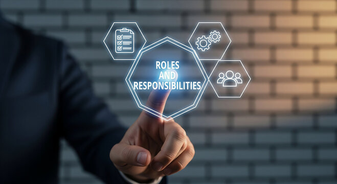 Roles and responsibilities business concept, businessman touching digital interface with corporate icons, management and leadership strategy