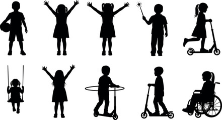 Obraz premium Children playing silhouettes set showing kids with ball scooter swing sparkler wheelchair joyful childhood vector illustration collection