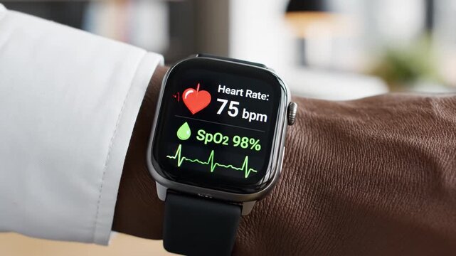 Smartwatch displaying heart rate 75 bpm pulse waveform and SpO2 98 percent oxygen saturation blood electrocardiogram wrist with dark skin health monitor casual indoor office setting wearable health