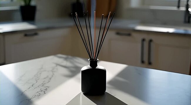 A black reed diffuser on a marble countertop in a modern kitchen with natural light casting shadows