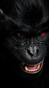 Close up of a grinning ape face with red eyes and dark fur in a dark environment