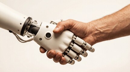 Human and robot hand shaking in agreement, representing future technology and collaboration