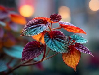 Vibrant Begonia Plant with Colorful Leaves in Soft Focus.