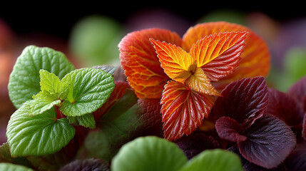 Vibrant Floral Display - A Close-Up of Colorful Petals and Green Leaves.