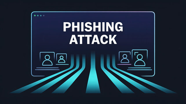 Digital Phishing Attack: A digital illustration depicts a cyber security concept with the phrase PHISHING ATTACK above. The lines emanating from the illustration. - Powered by Adobe
