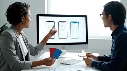 Two professionals collaborating on app design project in a bright office setting - Powered by Adobe