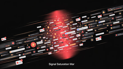 Information Overload: An abstract depiction of signal saturation and the escalating battles in the war of information, showcasing the challenges of navigating the digital age.