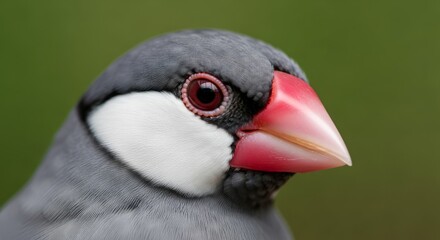 Fototapeta premium Java sparrow perched on a branch in natural light, a small finch native to Indonesia. Known for gray plumage, pink beak, and popularity as a cage bird.