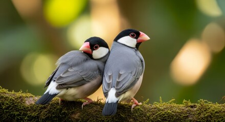 Java sparrow perched on a branch in natural light, a small finch native to Indonesia. Known for gray plumage, pink beak, and popularity as a cage bird.