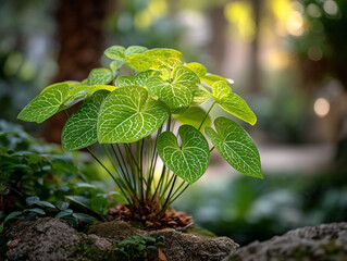 Vibrant Green Plant with Detailed Leaf Veins in Natural Setting.