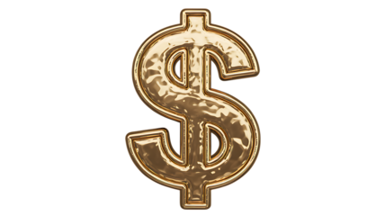 Shiny gold dollar sign symbol with liquid texture on Transparent background money currency