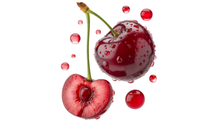 Juicy cherries isolated on transparent background with water droplets and stem