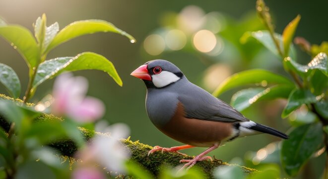 Java sparrow perched on a branch in natural light, a small finch native to Indonesia. Known for gray plumage, pink beak, and popularity as a cage bird.