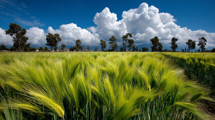 Vibrant green wheat field under a bright blue sky with fluffy clouds.