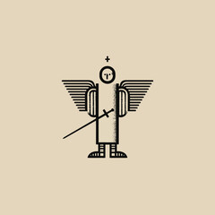 Abstract angelic figure with sword and wings in geometric illustration