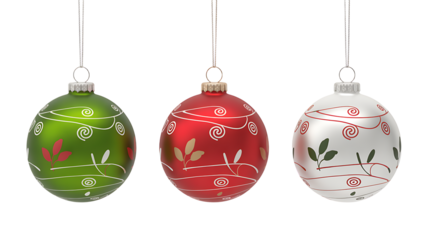 Three hanging christmas ornaments isolated on transparent background