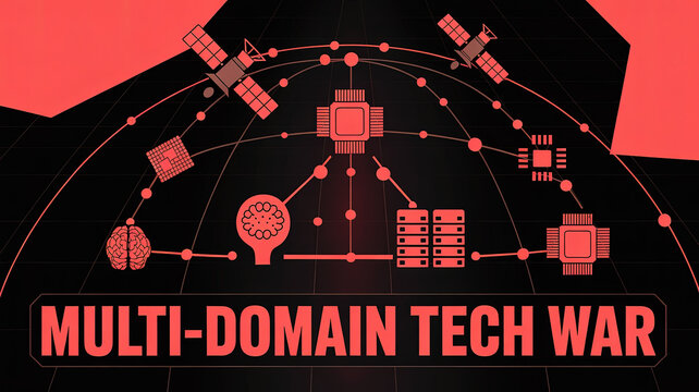 Strategic Warfare in Digital Sphere: A network of interconnected satellite technology elements orchestrates a strategic plan against a bold red digital backdrop.  - Powered by Adobe