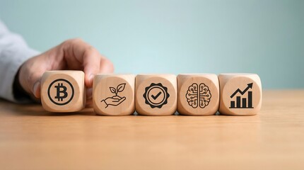 business strategy cubes with icons on wooden table
