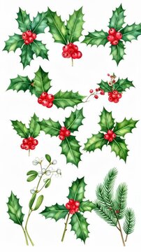 Watercolor illustrations of holly, mistletoe, and fir branches on a white background create a festive Christmas pattern