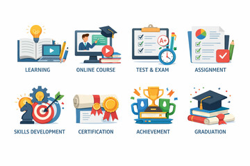 Education process icon set illustrating learning stages, exams and graduation milestones for academic platforms, training systems and skill development design